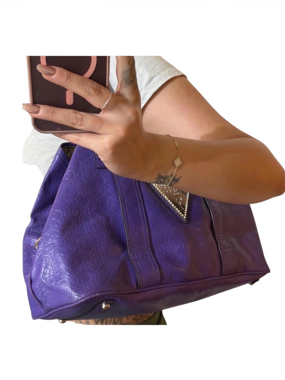Guess Purple Embossed Leather Shoulder Bag - Picture 5 of 8